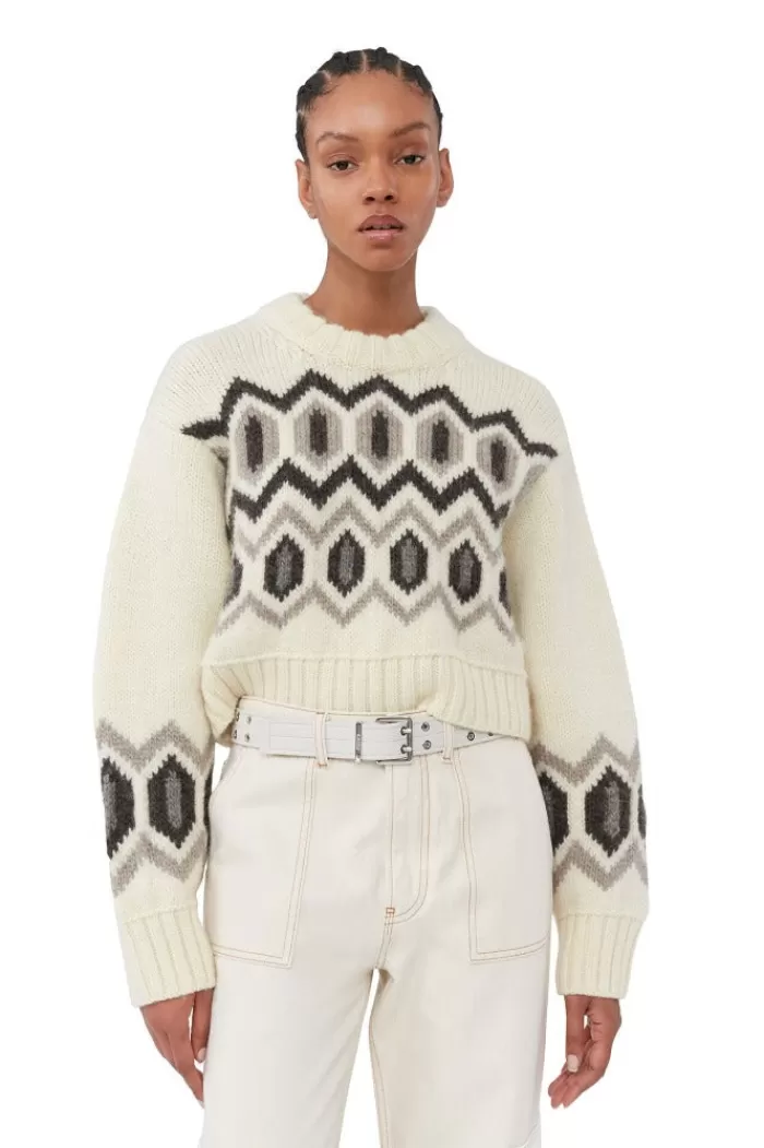 Sweaters & Knits | GANNI Chunky Graphic Wool Cropped O-Neck Egret