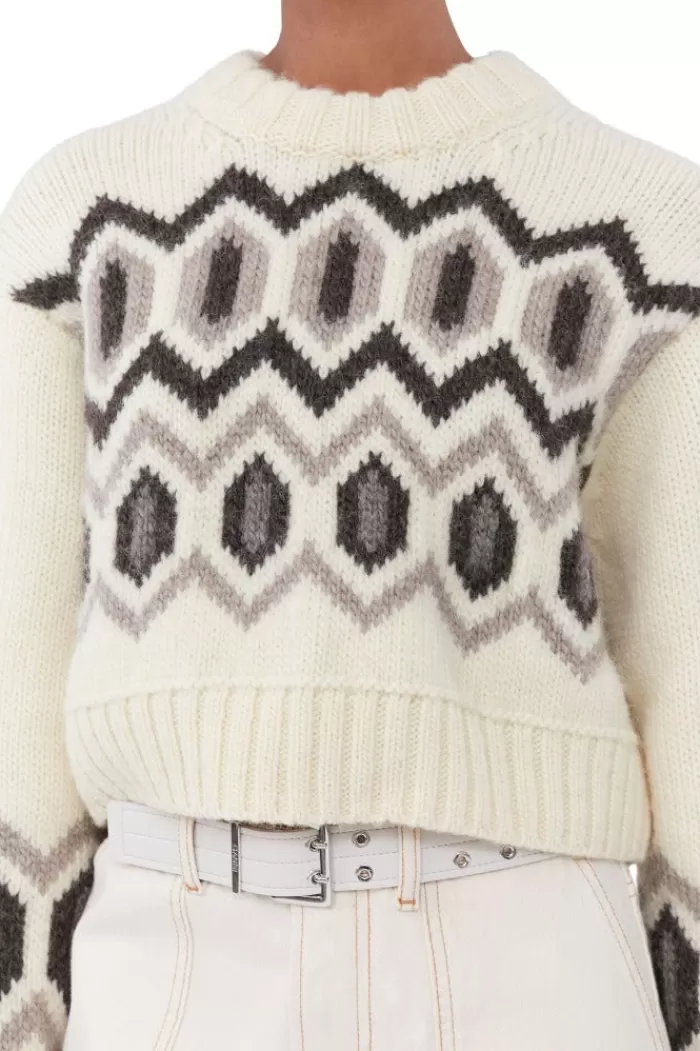 Sweaters & Knits | GANNI Chunky Graphic Wool Cropped O-Neck Egret