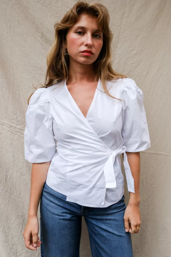 Tops | GANNI Cotton Poplin Drapey Wrap Blouse Bright White