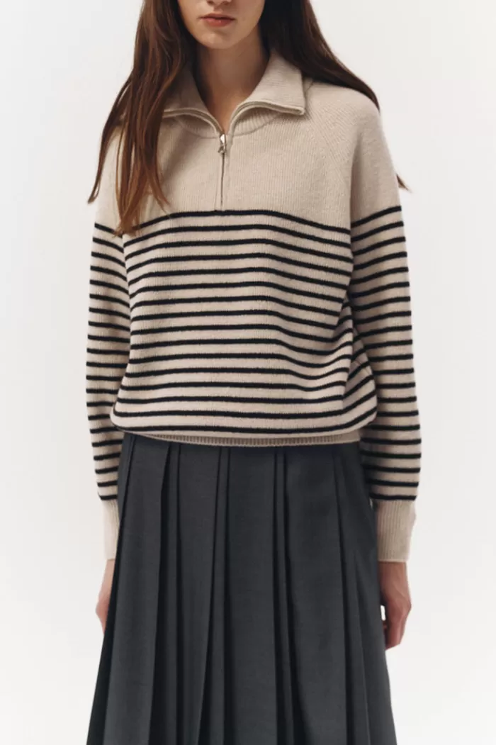 Sweaters & Knits | DUNST Half Zip-Up Stripe Knit Cream/Black