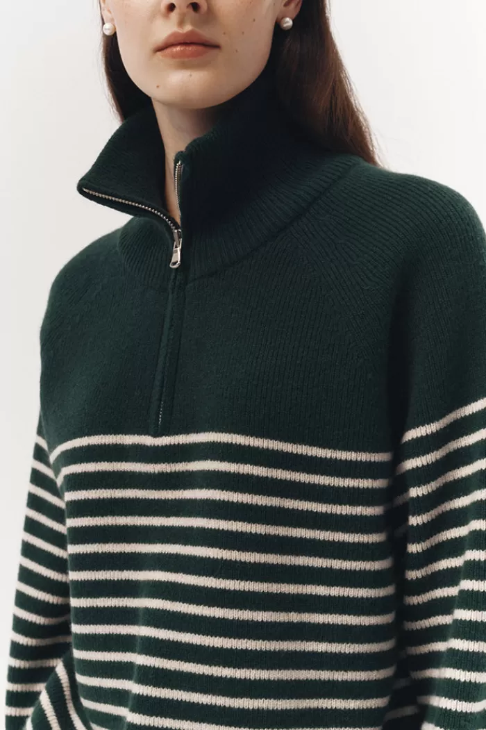 Sweaters & Knits | DUNST Half Zip-Up Stripe Knit Forest Green/Cream