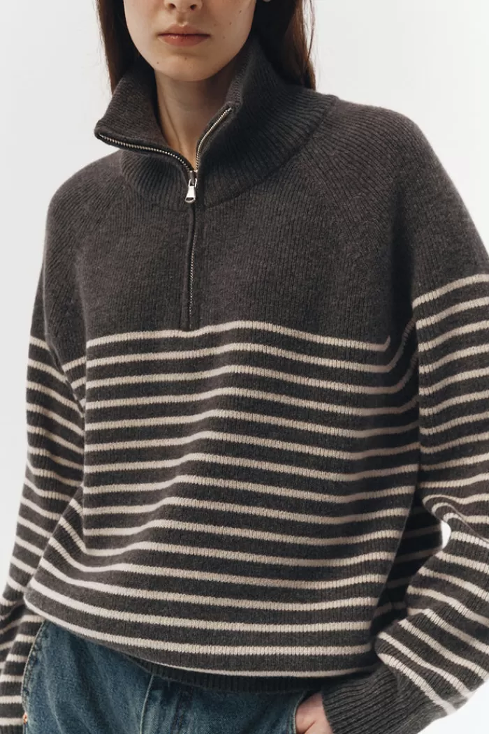 Sweaters & Knits | DUNST Half Zip-Up Stripe Knit Charcoal Grey/Cream