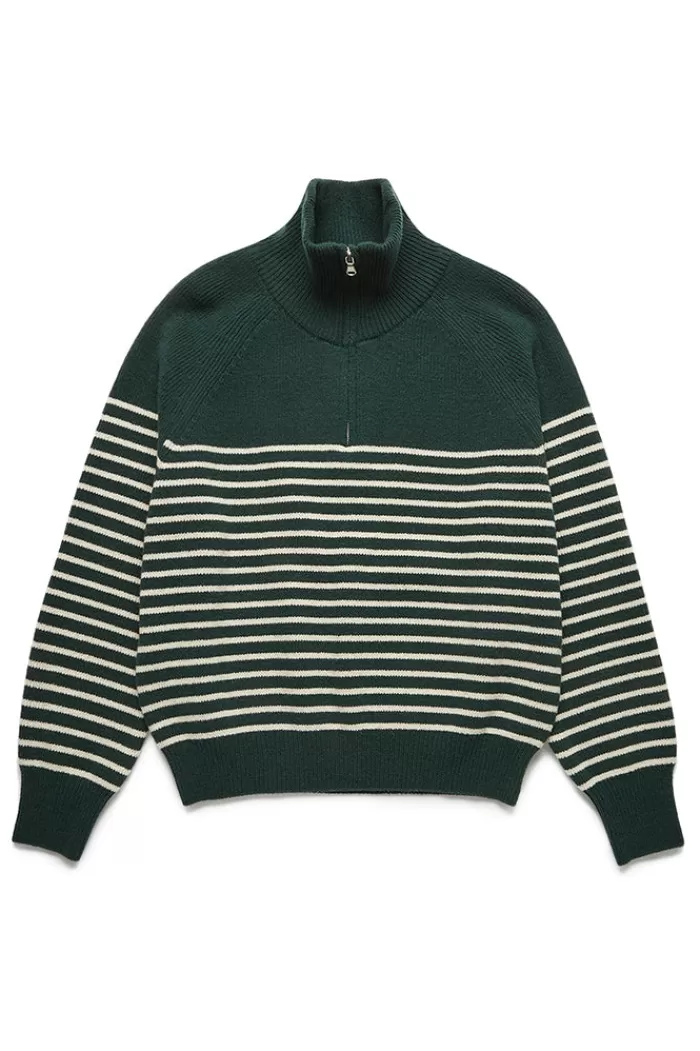 Sweaters & Knits | DUNST Half Zip-Up Stripe Knit Forest Green/Cream