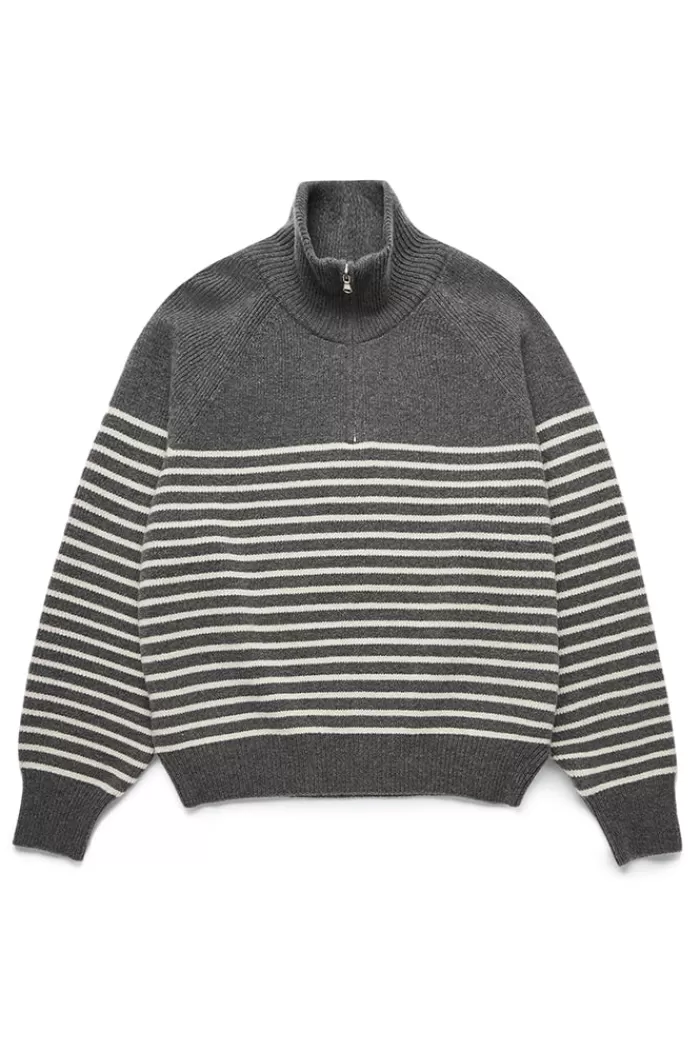 Sweaters & Knits | DUNST Half Zip-Up Stripe Knit Charcoal Grey/Cream