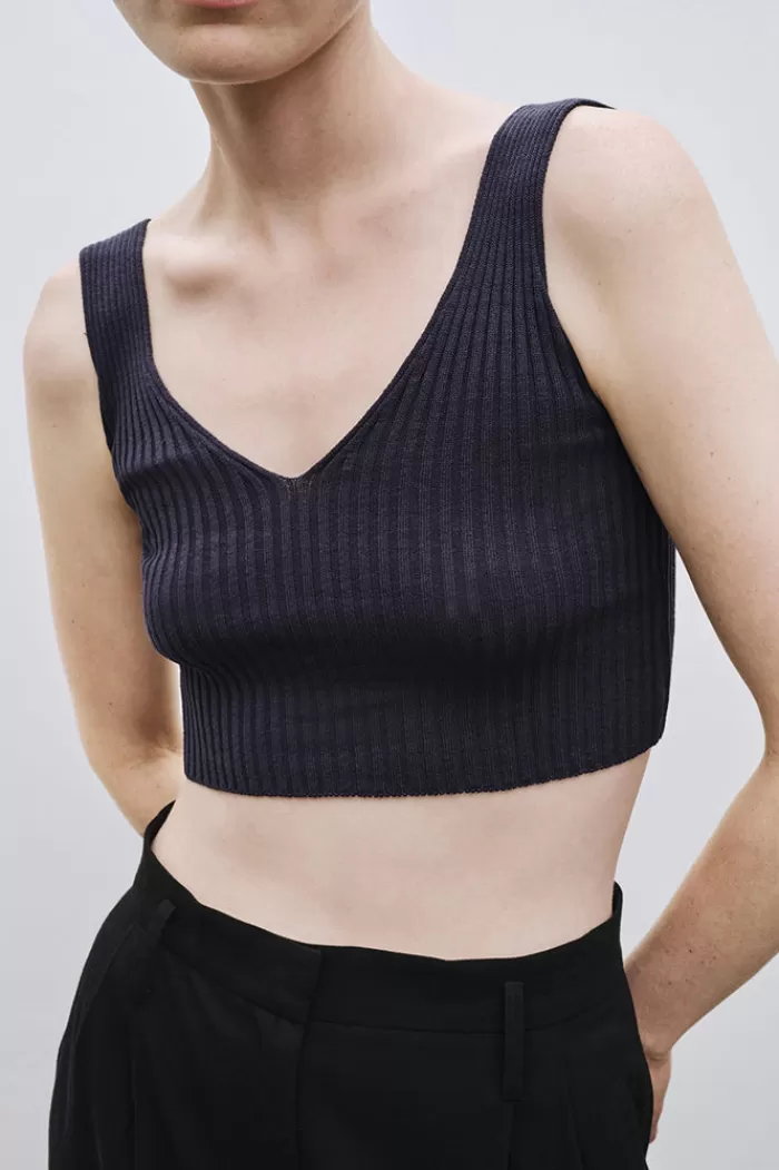 Tops | MIJEONG PARK Ribbed Knit V-Neck Crop Top Navy