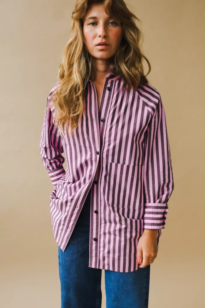 Tops | GANNI Stripe Cotton Oversize Raglan Shirt Bonbon