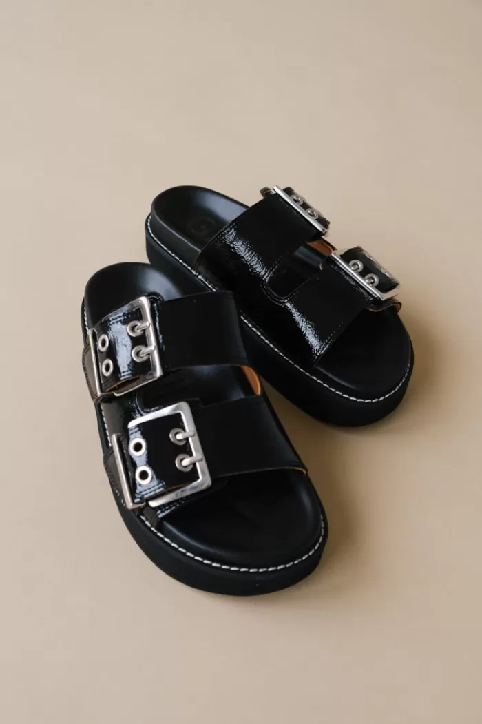 Shoes | GANNI Wide Welt Chunky Buckle Flat Sandal Naplack Black