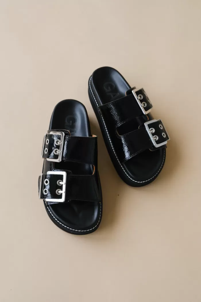 Shoes | GANNI Wide Welt Chunky Buckle Flat Sandal Naplack Black