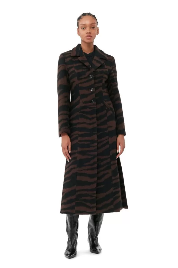 Rain Coats & Outerwear | GANNI Wool Jacquard Fitted Coat Black