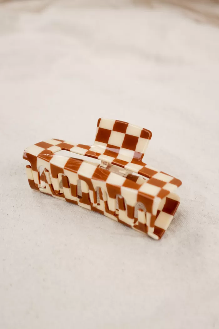 Hair Accessories | * Xl Checker Hair Claw Brown & Cream Brown & Cream Checkered