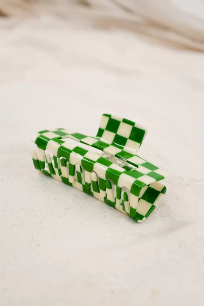 Hair Accessories | * Xl Checker Hair Claw Green & Cream Green & Cream Checkered