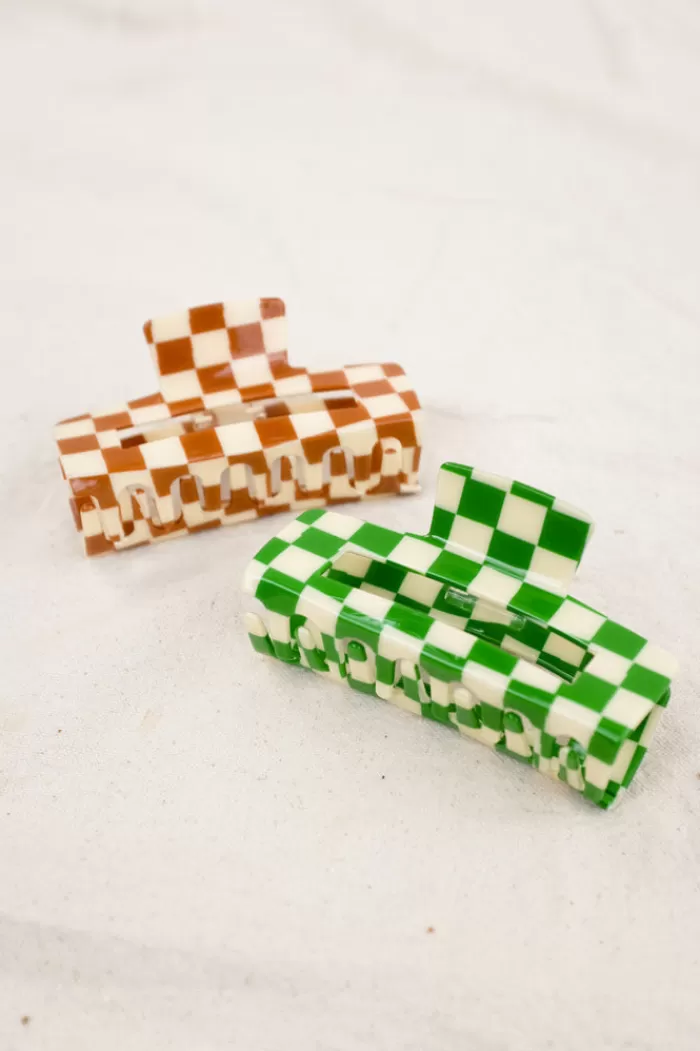 Hair Accessories | * Xl Checker Hair Claw Green & Cream Green & Cream Checkered